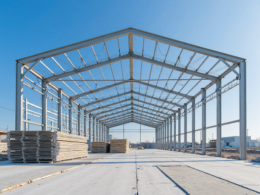 Modern steel structure building exterior view with geometric design elements and industrial architecture details