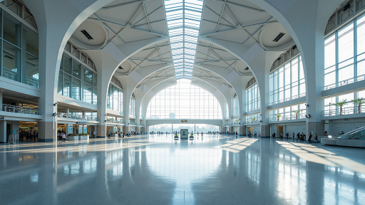 Large modern airport terminal building with steel frame structure and glass facade