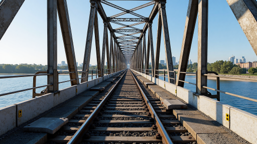 Modern steel bridge spanning across river with geometric truss design