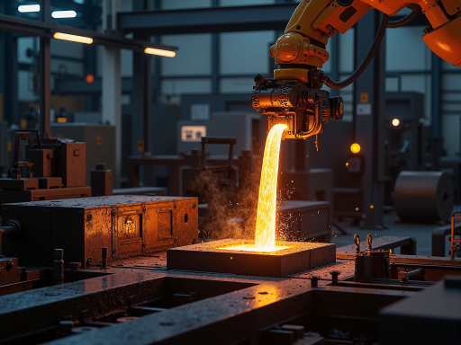 Modern steel manufacturing facility interior with automated machinery and workers in safety gear