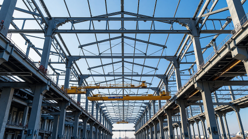Large logistics warehouse with steel frame structure and industrial design